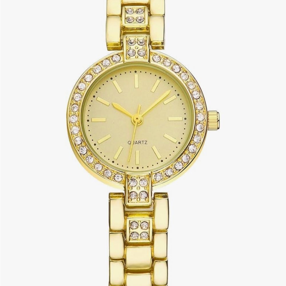 Women’s Gold Bracelet Watch Small Round Quartz Dial Crystal Bezel Rhinestone 90s